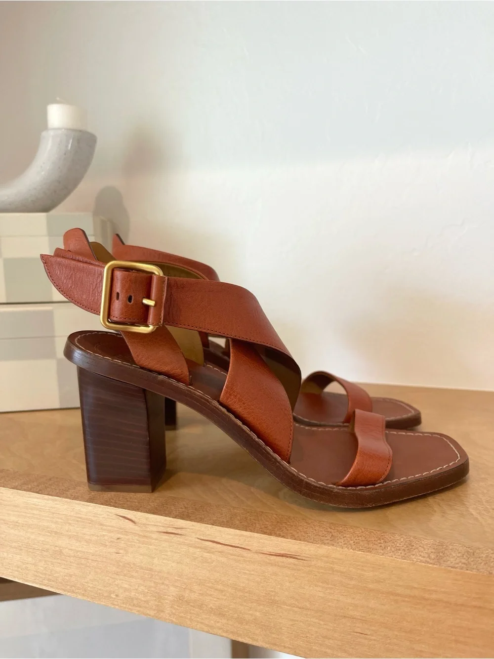 Chloe Virginia Chestnut Strappy Criss Cross Square Toe Sandals Heels Shoes 37